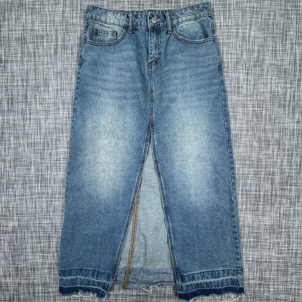 BDG Urban Outfitters Denim Midi Skirt Womens Medium Blue Front Slit Raw Hem